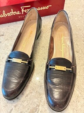 Salvatore Ferragamo Dark Brown Croc-Embossed Leather Loafers with Gold Hardware